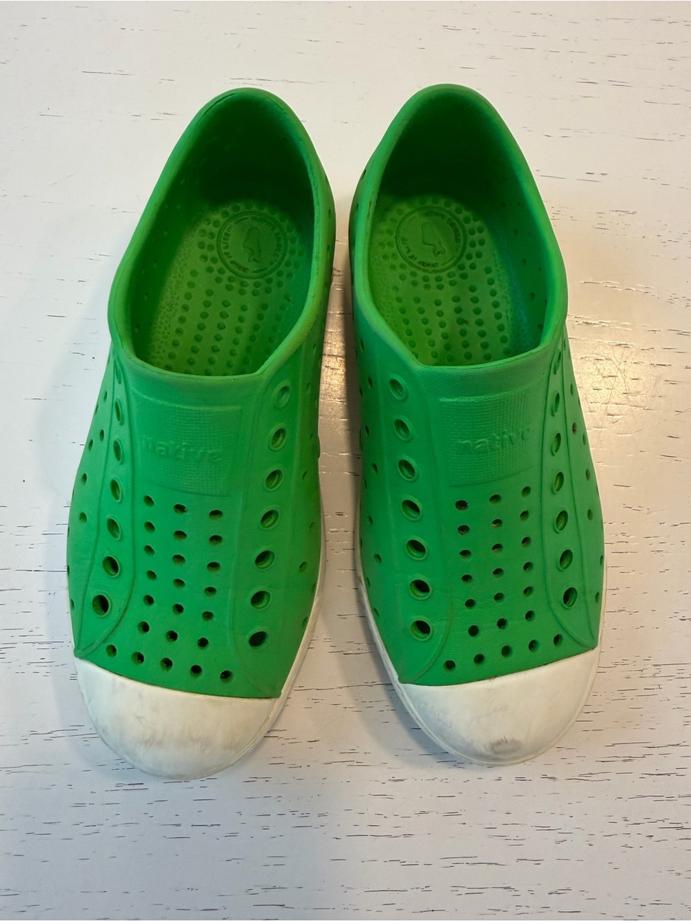 Native Jefferson Kids Bright Green Slip-On Water Shoes with White Toe Caps, C12